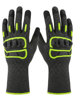 Two new industrial safety gloves with black knit fabric and neon yellow tpr protection isolated on a white background with sharp shadows, concept of occupational safety