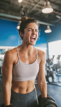 Woman Startled by Loud Timer During Workout in Modern Gym