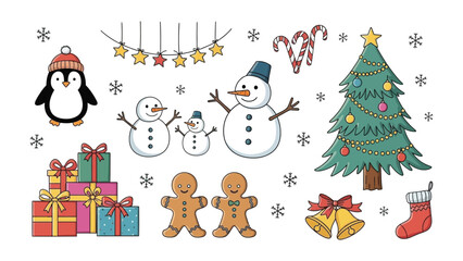 Festive Christmas Collection: A charming illustration depicts a variety of elements essential to holiday. This image contains many seasonal icons. 