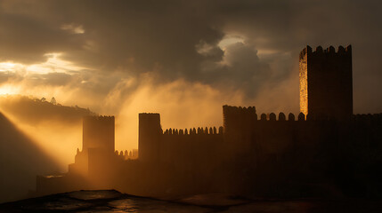 Fototapeta premium Golden hour bathes a medieval fortress in ethereal light, silhouettes of towers and walls piercing through misty clouds, evoking history and timeless grandeur.