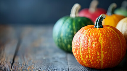 Close-up of pumpkin arranged in a colorful, balanced layout on a wooden table, symbolizing healthy gut nutrition. The background is softly blurred to focus on the vibrant pumpkins