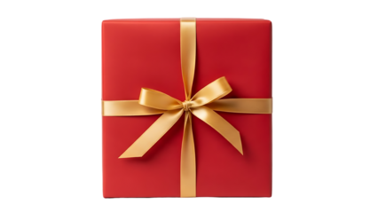 Elegant red gift box with golden ribbon isolated on transparent background