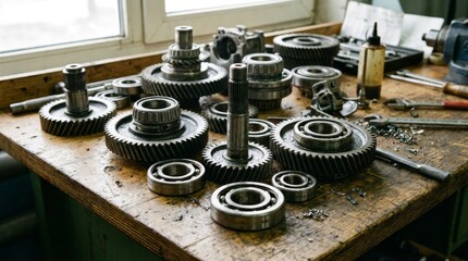 Detailed Close-Up of Assorted Metallic Gears and Bearings on Workbench