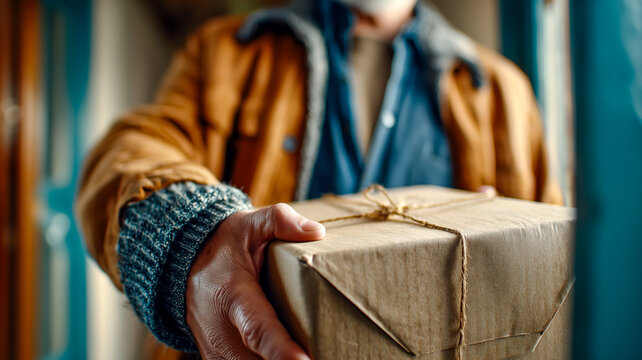 A person is holding a wrapped parcel ready for delivery. The item is bound with string and wrapped in craft paper for posting.