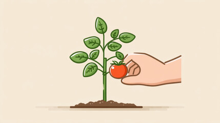 Minimalist illustration of hands tying tomato plant in garden setting for botanical design