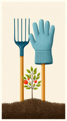 Gardening essentials illustrated: gloves and hand rake with seedling growth inspiration