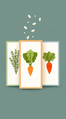 Vibrant garden theme with vertical row of labeled seed packets featuring carrot, lettuce, and herb illustrations
