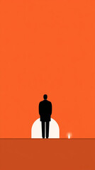 Silhouette of person in prayer with candle on bright orange background