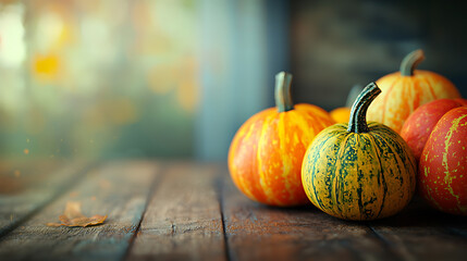 Close-up of pumpkin arranged in a colorful, balanced layout on a wooden table, symbolizing healthy gut nutrition. The background is softly blurred to focus on the vibrant pumpkins