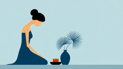 Elegant silhouette of girl meditating by candlelight with minimalist decor