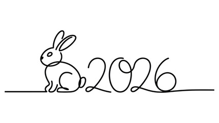 minimalist one line drawing of a rabbit with 2026 typography, simple continuous line art illustration symbolizing new year and modern design concept