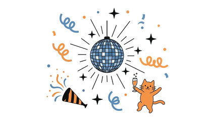 Disco Ball Celebration: A jubilant disco ball with bursts of light, sparkling confetti, and a playful cat adds a festive and dynamic feel to celebration.