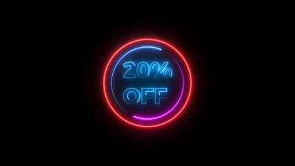 20 percent off discount offer sell icon illustration. Up to 20% off neon text background.