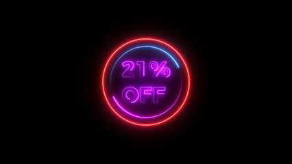 21 percent off discount offer sell icon illustration. Up to 21% off neon text background.