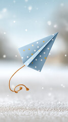 Whimsical paper airplane soaring through snowy winter sky for greeting card design
