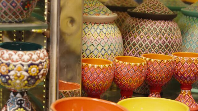 Colorful Hand Painted Ceramic Bowls and Handicrafts in Souk Shop