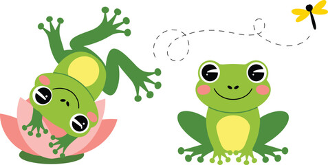 Whimsical frog cartoon, lotus flower pose, dragonfly flight path, playful nature scene, cheerful amphibians, cute insect illustration
