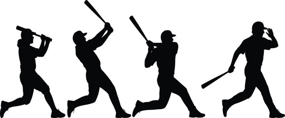 Vector Black Silhouette Set of Baseball Batter Hitting Sequence, Including Player Poses for Swing, Follow-Through, and Running to First Base