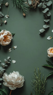 Elegant botanical frame featuring soft peonies and delicate greenery. A pastel floral border creates a serene composition. Perfect for invitations, templates, or spring-inspired designs.