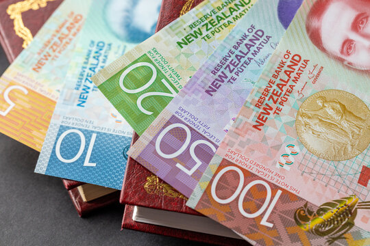 New Zealand money. All paper banknotes of the New Zealand currency dollar, Financial and business concept.  Close up