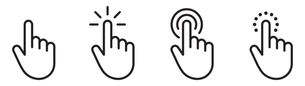 Set of hand gesture symbols showing tap, click, touch interaction, selecting or pressing actions with minimal outline design for interfaces, apps, buttons and digital user interaction &ndash; stock vector