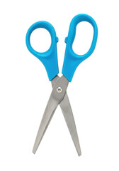 Precision-engineered cyan-blue utility scissors with stainless steel blades, suspended open on a brilliant white background. Concept of professional equipment