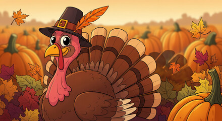 Cartoon of a turkey in pilgrim hat, surrounded by pumpkins and fall leaves, representative of harvest season and holiday celebration