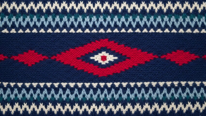 Close up of traditional nordic fair isle knit pattern featuring deep navy blue and bright red geometric shapes