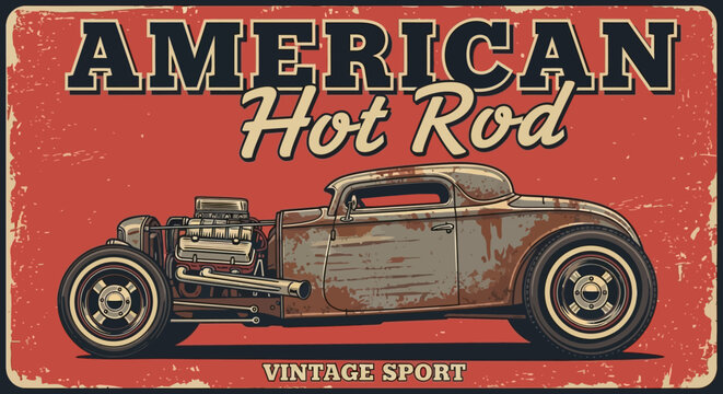 American hot rod vintage sport rusty classic car, retro vehicle illustration on red background, oldtimer poster design