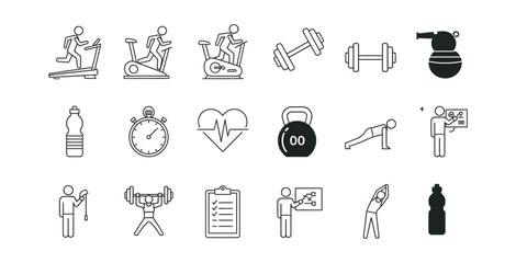 A comprehensive set of linear and solid vector icons representing fitness, exercise, health, and gym activities.