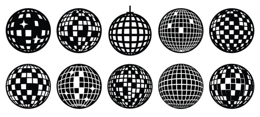 Black and white disco ball vector icon set and New Year 2026 holiday concept set