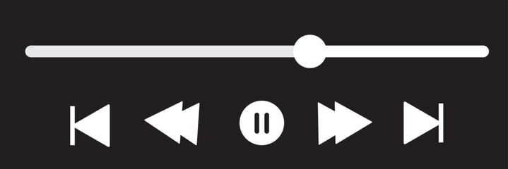 Music or video play bar icon. Modern UI Design Element for Music App Design with Pause, Play, Skip, Favorite, Queue Buttons. Music or video play bar icon on black .