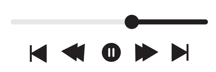 Music or video play bar icon. Modern UI Design Element for Music App Design with Pause, Play, Skip, Favorite, Queue Buttons. Music or video play bar icon on black .