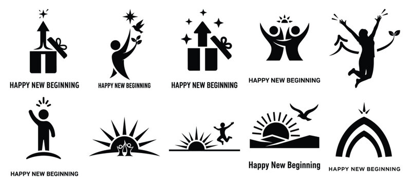 Black and white happy new beginning vector icon set and New Year 2026 holiday concept set