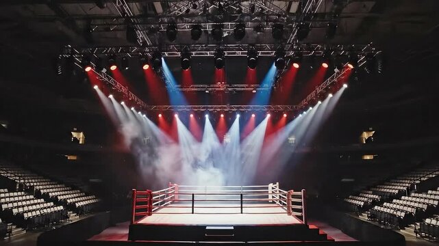 Empty Boxing Ring Under Dramatic Spotlight Illumination with Smoke, Ready for Championship Fight