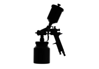 Black silhouette of a professional hvlp paint spray gun isolated on a transparent studio background with copy space. Concept of industrial tools and equipment