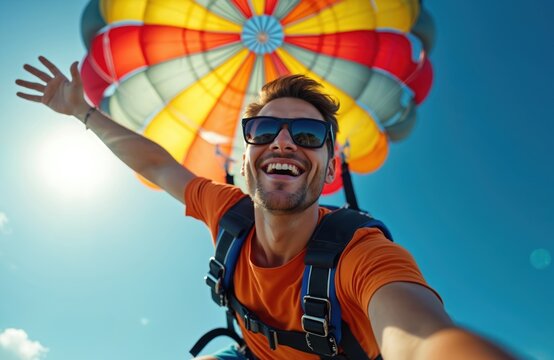 Man with sunglasses smiles in air with colorful parachute above. He waves hand mid flight, selfie perspective. Blue sky background, bright sun shines on him.