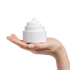 White cosmetic cream in jar held by hand isolated on transparent background