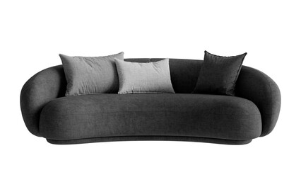 Black fabric couch with pillows on a transparent background.
