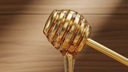 Golden honey dripping from a dipper on a wooden background liquid