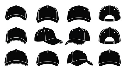 A collection of black baseball caps in various styles and perspectives