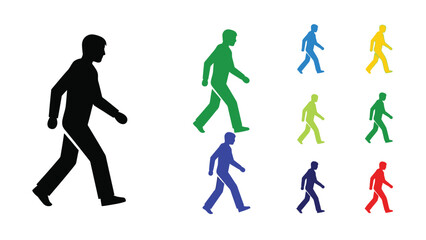 Colorful silhouettes of walking people displayed in a linear arrangement
