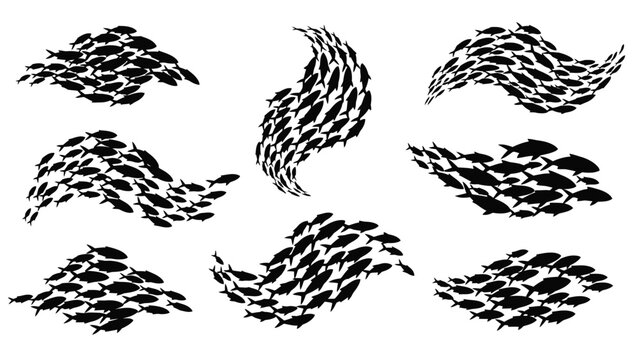 Abstract formations of a large school of fish in monochrome style