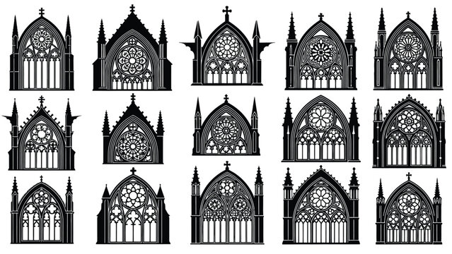 Intricate gothic rose windows and pointed arch designs in black and white