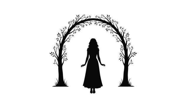 Silhouette of a woman standing beneath a floral archway in black and white
