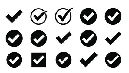 Collection of black and white check mark icons in various circular and square shapes