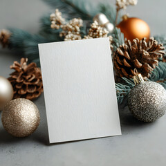 White blank paper greeting card with eco Christmas decorations, New year holidays festive mock up