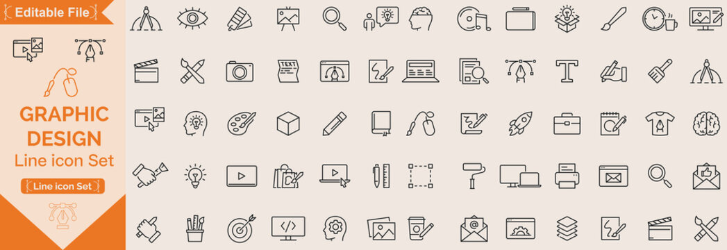 Graphic design web icons set in duotone outline stroke design. Pack pictograms with color palette, content, freelance, print, painting, brainstorm, portfolio, creative idea, tool. Vector illustration.
