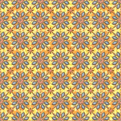 Seamless colorful floral geometric pattern with intricate mandala-style shapes in warm yellow and orange tones. Decorative, abstract, detailed design ideal for textiles, wallpapers, and backgrounds.