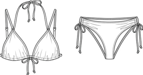 PrintTriangle String Bikini Swimsuit Technical Fashion Flat Sketch Outline with Tie-Side Bottoms, Halter Neck, and Adjustable Back Straps.